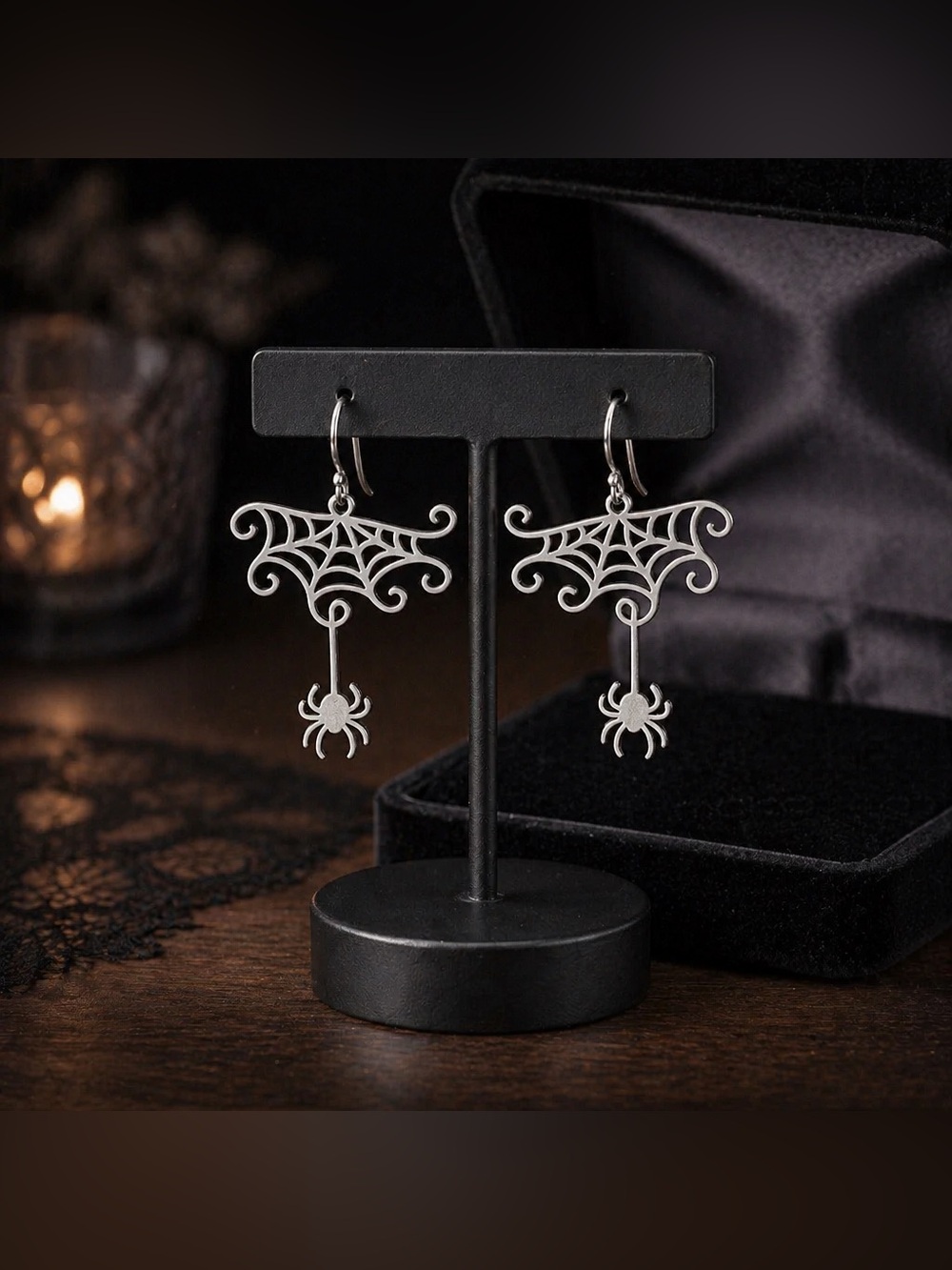 Silver Spider Web Drop Earrings - hypoallergenic hooks